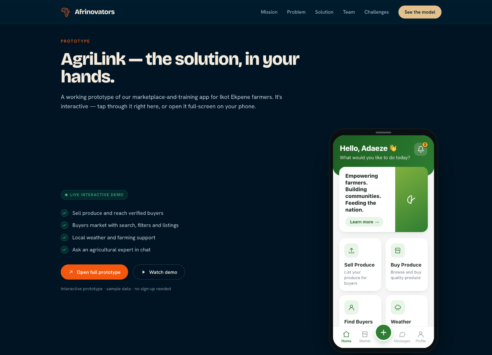 AgriLink prototype on the Afrinovators site